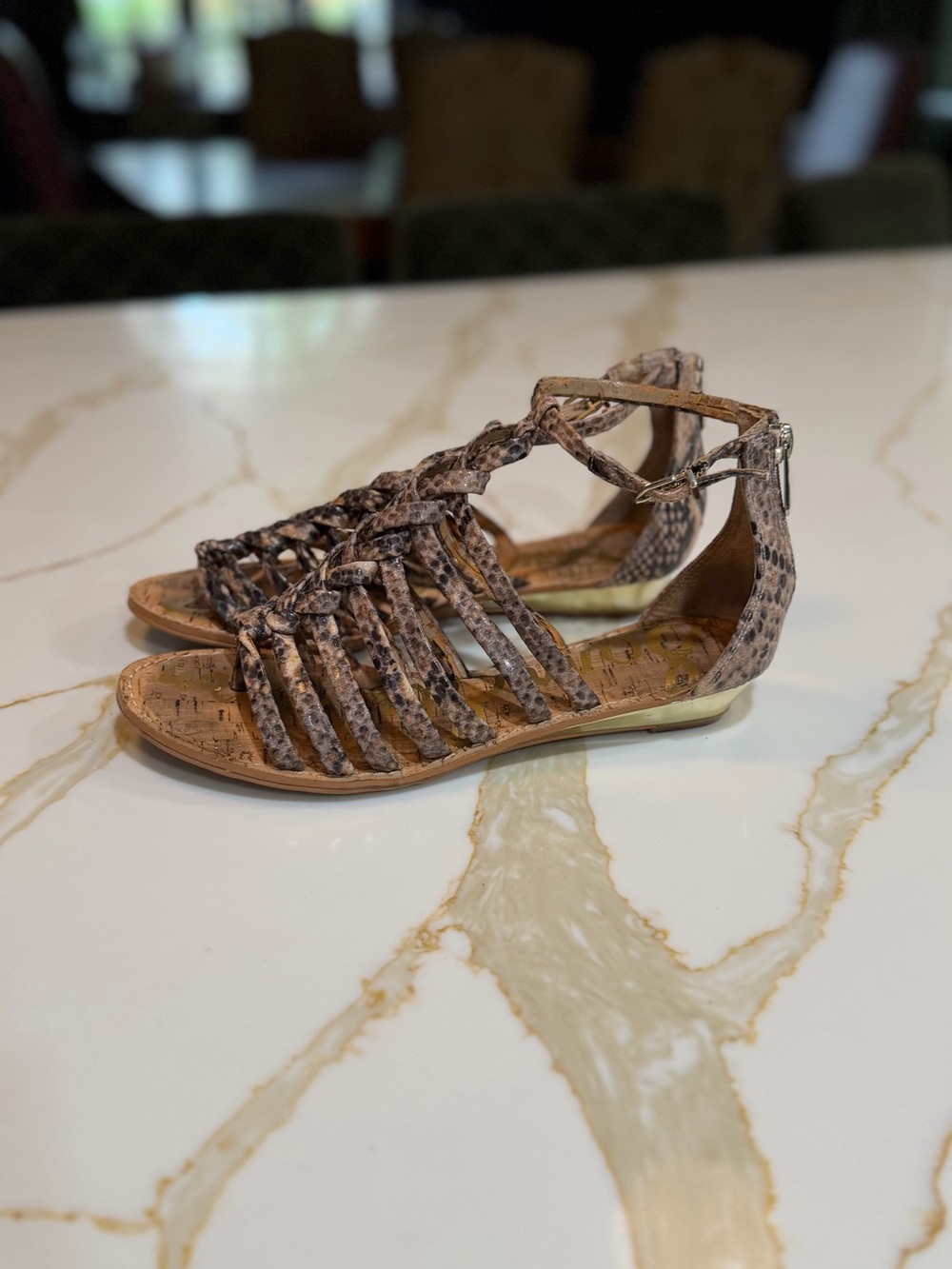 Sam Edelman Brown Snake-Print Gladiator Style Sandals with Gold Heel Accent